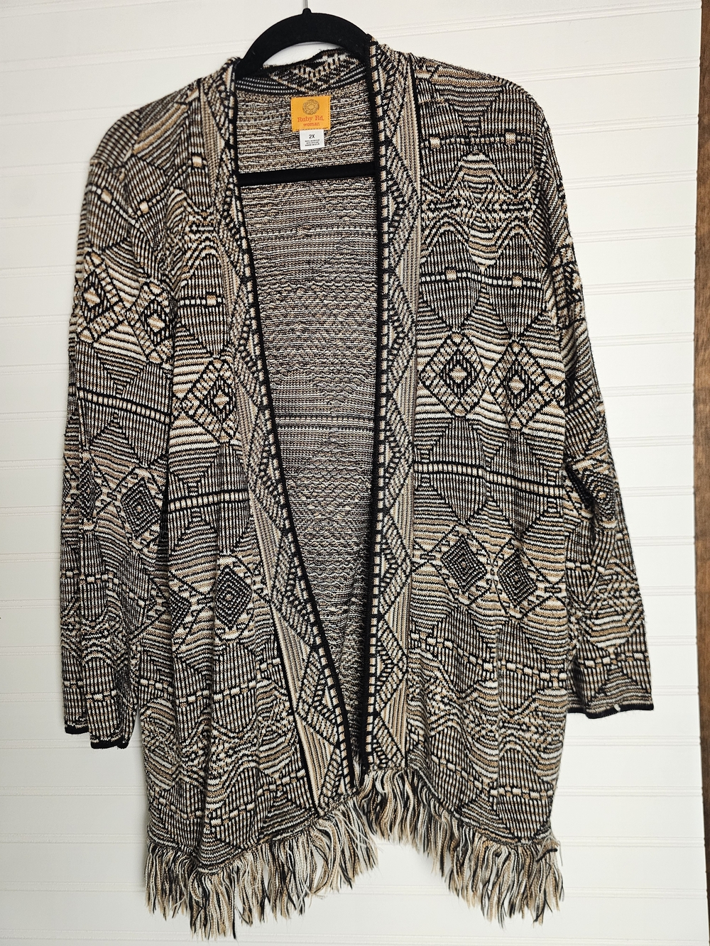 Ruby RD Woman, Fringe Hem Open Cardigan Sweater Kimono- Black & Cream Sz 2x